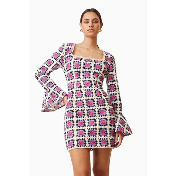 ELLIATT Luna Long Sleeve Crochet Minidress Pink Multi- Birthday 👗size S NWT$345 - Picture 1 of 8